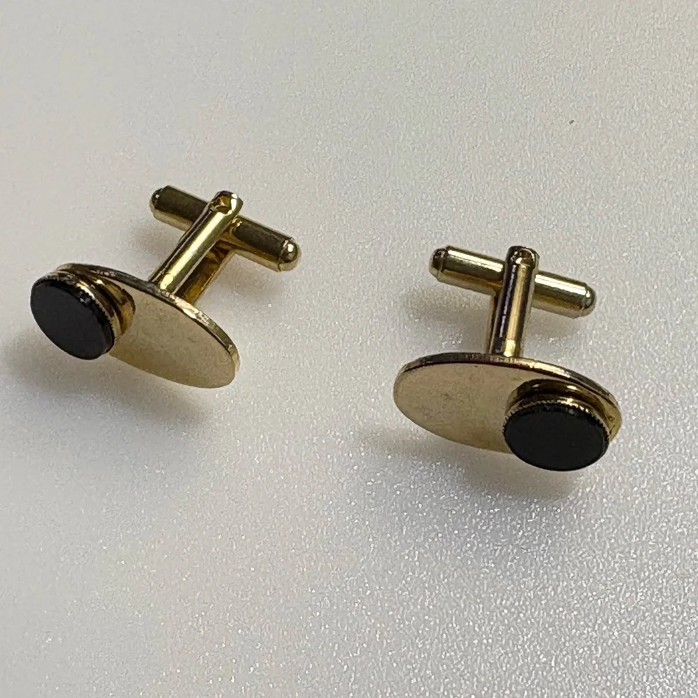 Cuff Links Gold Tone with Black Stone Accents